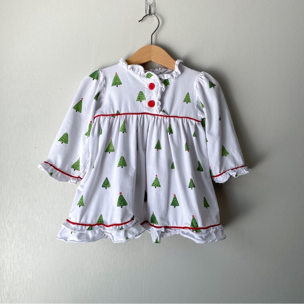Sugar Bee Christmas Tree White Long Sleeve Ruffle Nightgown Dress 6M